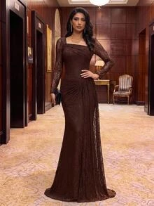 Aureia فستان حورية البحر الفاخر الأنيق من الدانتيل الشفاف المرن مع كشكشة جانبية، مناسب للزفاف والحفلات والرقص - قهوة بني - مشاهدة 5