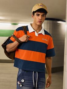 SWAVVY Men's Casual Loose Fit Polo Shirt, Standard Size, Orange & Blue Color Block With Embroidery, Summer - Orange - View 2