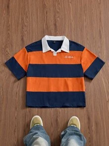 SWAVVY Men's Casual Loose Fit Polo Shirt, Standard Size, Orange & Blue Color Block With Embroidery, Summer - Orange - View 3