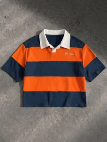 SWAVVY Men's Casual Loose Fit Polo Shirt, Standard Size, Orange & Blue Color Block With Embroidery, Summer - Orange - View 5