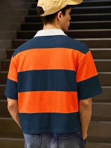 SWAVVY Men's Casual Loose Fit Polo Shirt, Standard Size, Orange & Blue Color Block With Embroidery, Summer - Orange - View 4