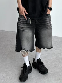 DAZY Men's Black Washed Distressed Denim Shorts, Summer - Black - View 6