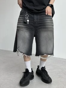 DAZY Men's Black Washed Distressed Denim Shorts, Summer - Black - View 1