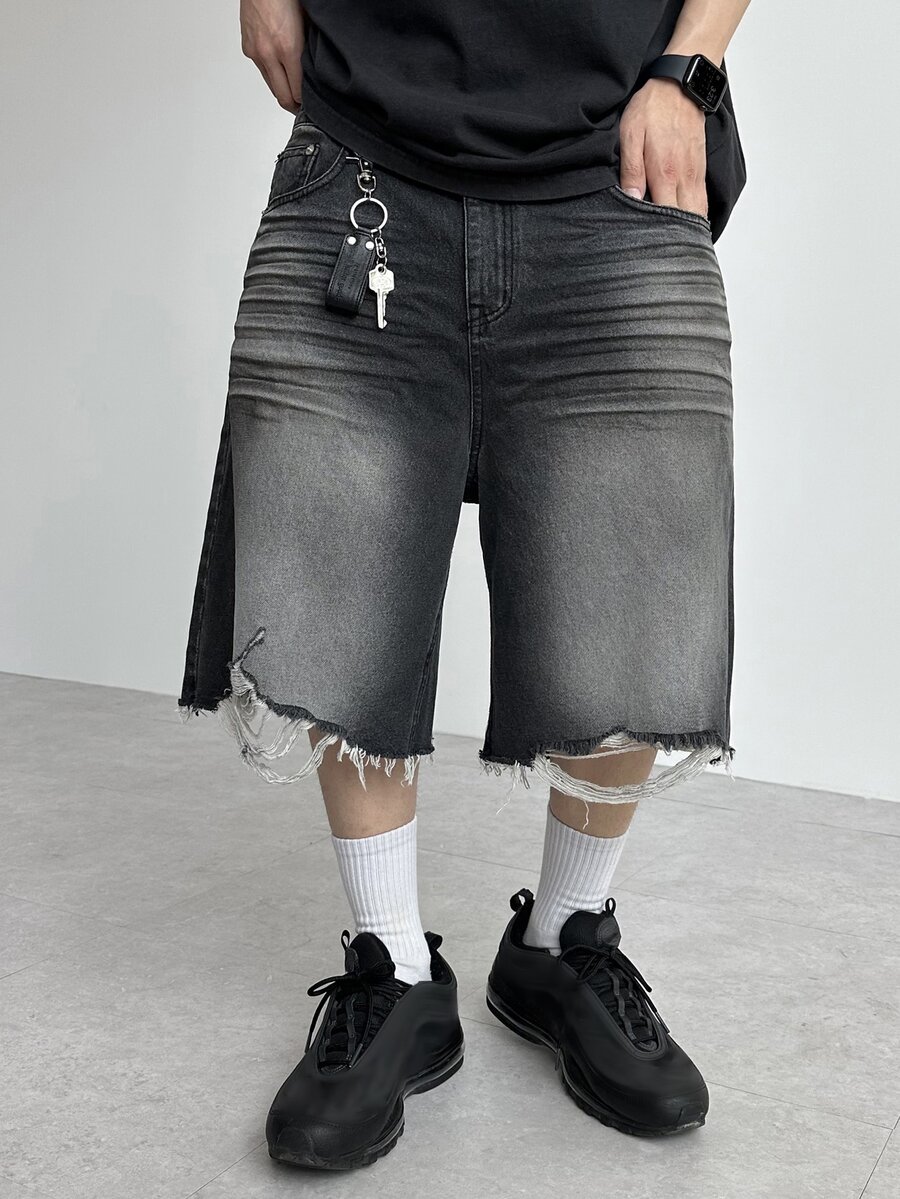 DAZY Men's Black Washed Distressed Denim Shorts, Summer - Black - View 1