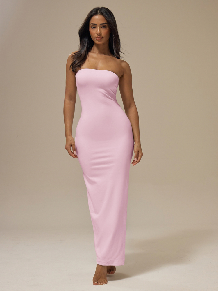 MUSERA ESSENTIALS Buttery Soft Bandeau Fitted Dress Basic Summer Cut3 Vacation Ibiza Beach Night Out Elegant Date Night Casual Dress Summer Bachelorette Hen Do Wedding - Baby Pink - View 4