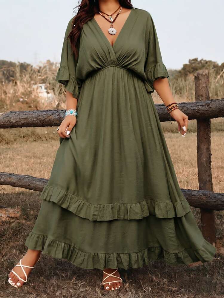 Ceyna Elegant Olive Green Plus Size Casual Vacation Tie Front Dress, Versatile Autumn Holiday Resort Wear, Western Boho Dresses For Women For Spring Summer - Army Green - View 4