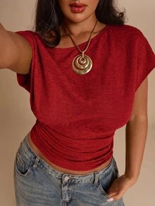 SHEIN BAE CURVE 大尺碼純色抓皺針織不對稱單肩T恤 - 紅色 - 查看 7