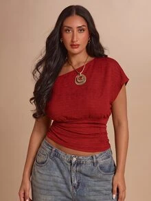 SHEIN BAE CURVE 大尺碼純色抓皺針織不對稱單肩T恤 - 紅色 - 查看 8