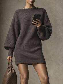 SHEIN Women's Solid Color Boat Neck Fitted Knit Dress - Coffee Brown - View 3