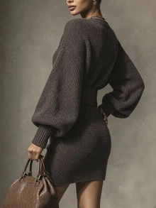 SHEIN Women's Solid Color Boat Neck Fitted Knit Dress - Coffee Brown - View 2