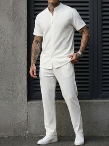 Manfinity Homme 男士短袖襯衫與長褲 2 件組夏季套裝 - 白色 - 查看 4