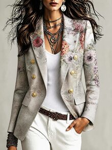 SHEIN New Fashion Commuter Printed Women's Long Sleeve Blazer, Casual Versatile, Metal Button Decor, Office Business, Multi-Color Printed Lightweight Blazer - Multicolor - View 2