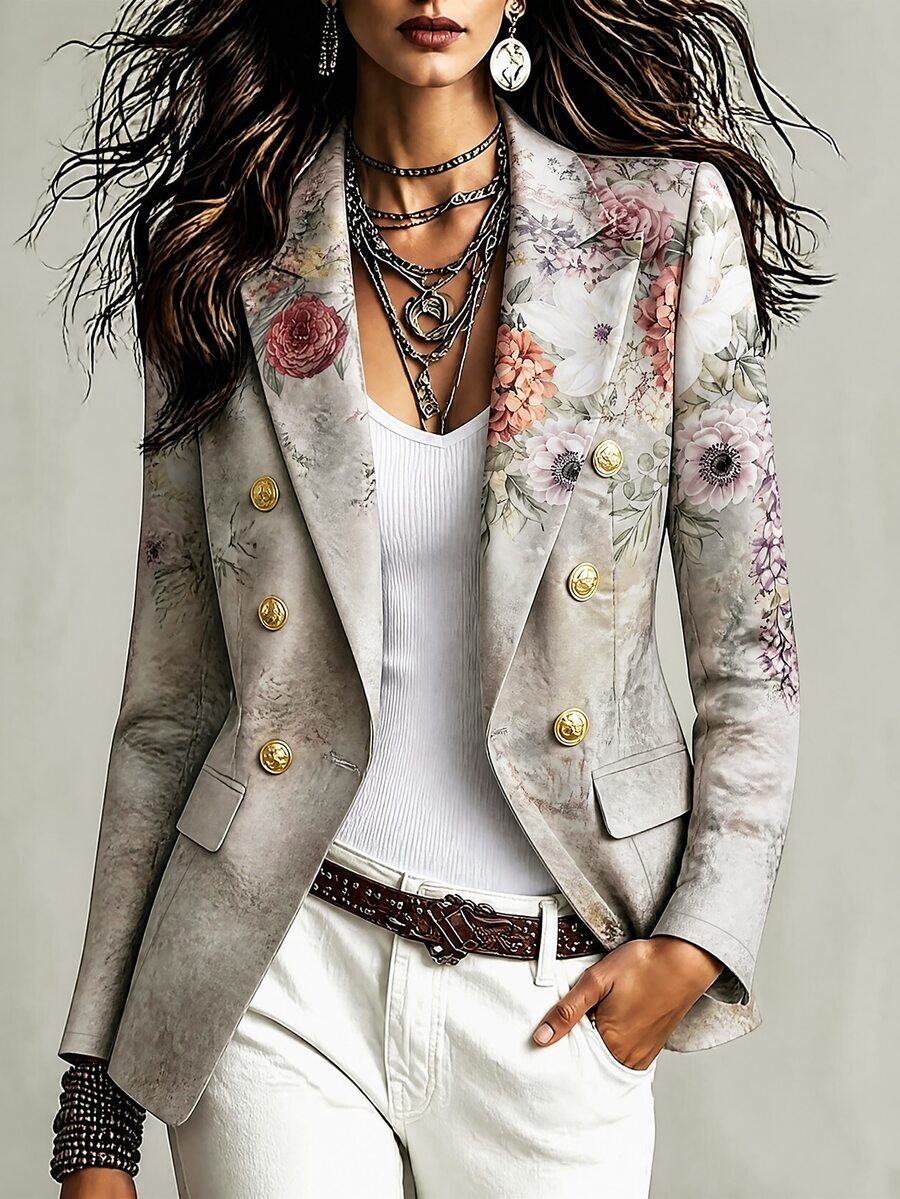 SHEIN New Fashion Commuter Printed Women's Long Sleeve Blazer, Casual Versatile, Metal Button Decor, Office Business, Multi-Color Printed Lightweight Blazer