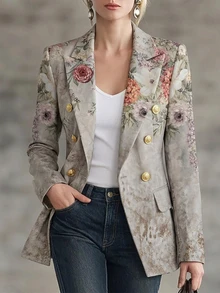 SHEIN New Fashion Commuter Printed Women's Long Sleeve Blazer, Casual Versatile, Metal Button Decor, Office Business, Multi-Color Printed Lightweight Blazer - Multicolor - View 4