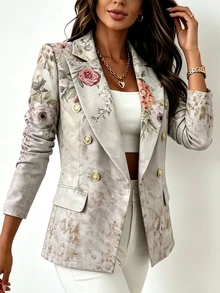 SHEIN New Fashion Commuter Printed Women's Long Sleeve Blazer, Casual Versatile, Metal Button Decor, Office Business, Multi-Color Printed Lightweight Blazer - Multicolor - View 8