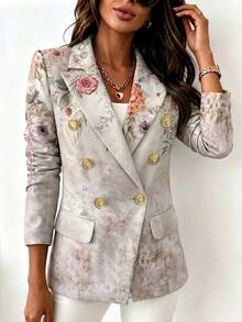 SHEIN New Fashion Commuter Printed Women's Long Sleeve Blazer, Casual Versatile, Metal Button Decor, Office Business, Multi-Color Printed Lightweight Blazer - Multicolor - View 6