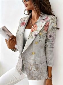 SHEIN New Fashion Commuter Printed Women's Long Sleeve Blazer, Casual Versatile, Metal Button Decor, Office Business, Multi-Color Printed Lightweight Blazer - Multicolor - View 5