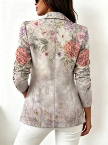 SHEIN New Fashion Commuter Printed Women's Long Sleeve Blazer, Casual Versatile, Metal Button Decor, Office Business, Multi-Color Printed Lightweight Blazer - Multicolor - View 3