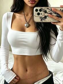 Rovax Fitted Cropped Square Neck Long Sleeve Top - Multicolor - View 3
