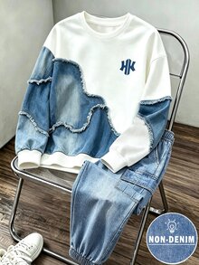 2pcs/Set Young Boy Fashionable Minimalist Comfortable Crew Neck Sweatshirt & Cargo Pants Outfit, Minimalist Cool English Letter All-Over Print Design, Suitable For Holiday Parties, Casual Gatherings, Comfortable And Relaxed, First Choice For Little Boys In Spring, Autumn And Winter, Fashionable Casual Wear, Streetwear, Outdoor Casual Outfit, Back To School Party - Multicolor - View 5