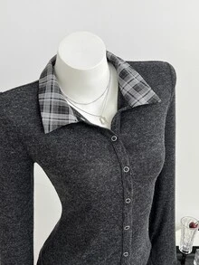 Elamini Women's Thin Plaid Patchwork Collar Jacket For Spring And Autumn - Dark Grey - View 7