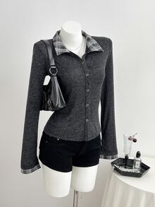 Elamini Women's Thin Plaid Patchwork Collar Jacket For Spring And Autumn - Dark Grey - View 5