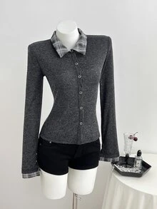 Elamini Women's Thin Plaid Patchwork Collar Jacket For Spring And Autumn - Dark Grey - View 6