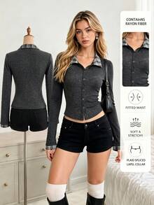 Elamini Women's Thin Plaid Patchwork Collar Jacket For Spring And Autumn - Dark Grey - View 8