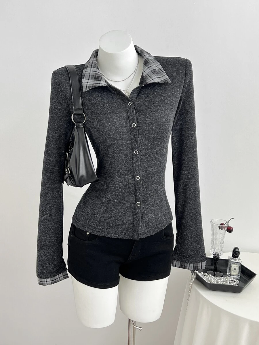Elamini Women's Thin Plaid Patchwork Collar Jacket For Spring And Autumn - Dark Grey - View 1