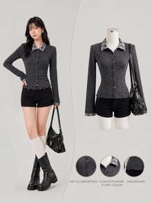 Elamini Women's Thin Plaid Patchwork Collar Jacket For Spring And Autumn - Dark Grey - View 3