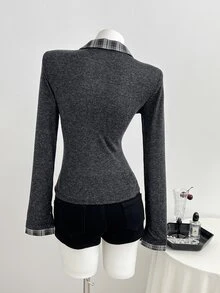 Elamini Women's Thin Plaid Patchwork Collar Jacket For Spring And Autumn - Dark Grey - View 2
