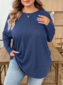 SHEIN CURVE+ Plus Size Round Neck Long Sleeve Casual Loose Soft Appealing Winter T-Shirt, Fall - Navy Blue - View 6