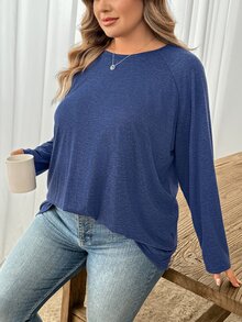 SHEIN CURVE+ Plus Size Round Neck Long Sleeve Casual Loose Soft Appealing Winter T-Shirt, Fall - Navy Blue - View 4