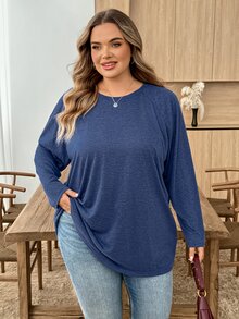 SHEIN CURVE+ Plus Size Round Neck Long Sleeve Casual Loose Soft Appealing Winter T-Shirt, Fall - Navy Blue - View 5