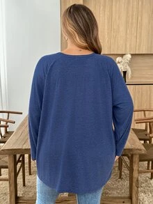 SHEIN CURVE+ Plus Size Round Neck Long Sleeve Casual Loose Soft Appealing Winter T-Shirt, Fall - Navy Blue - View 2