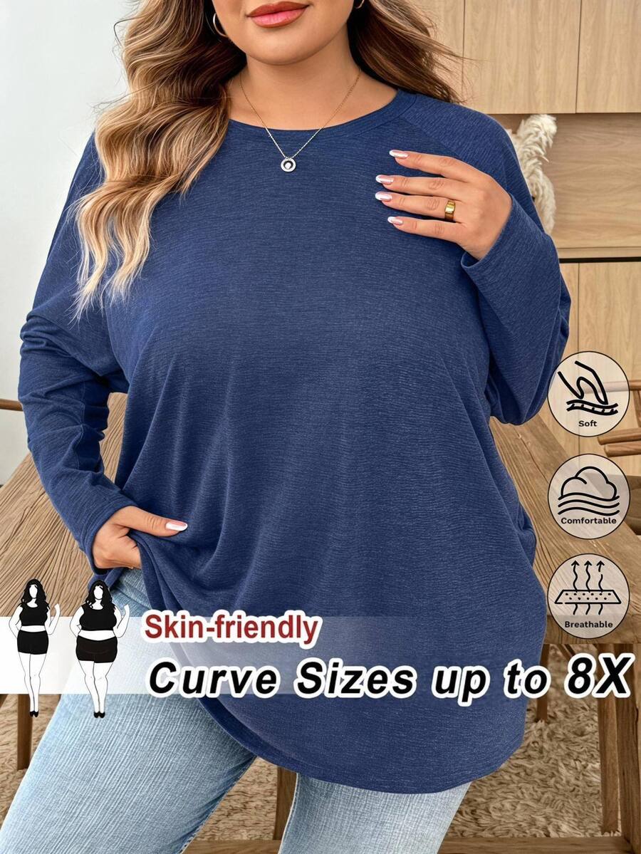 SHEIN CURVE+ Plus Size Round Neck Long Sleeve Casual Loose Soft Appealing Winter T-Shirt, Fall - Navy Blue - View 1