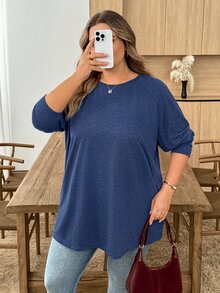 SHEIN CURVE+ Plus Size Round Neck Long Sleeve Casual Loose Soft Appealing Winter T-Shirt, Fall - Navy Blue - View 7