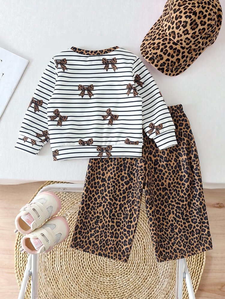 2pcs/Set Baby Girl Black And White Striped Tan Print Bow Sweatshirt And Wide Leg Pants Outfit Cute Matching Thermal Lined Autumn School Family - Multicolor - View 2