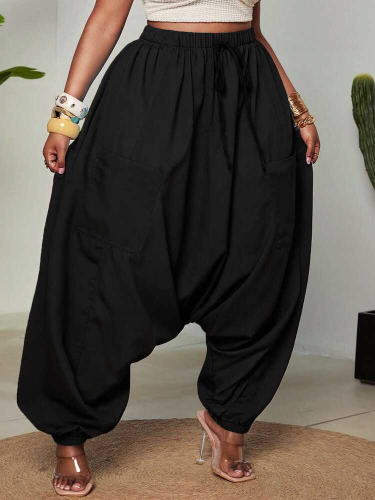 Maweii Plus Size Women's Rainbow Ombre Striped Harem Pants With Drawstring Pockets And Lion Head Patch, Casual Streetwear For Spring/Summer Y2K Style Fall - Black - View 5