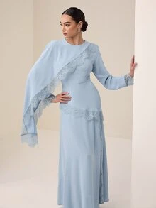 Graceveil Light Blue Satin Lace Patchwork Muslim Long Dress Hijab Set, Elegant Modest Middle Eastern Prayer Robe Wedding Formal Mother Of The Bride Autumn - Blue - View 6
