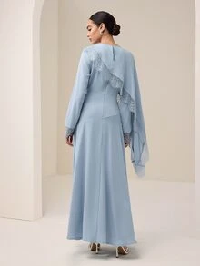 Graceveil Light Blue Satin Lace Patchwork Muslim Long Dress Hijab Set, Elegant Modest Middle Eastern Prayer Robe Wedding Formal Mother Of The Bride Autumn - Blue - View 3
