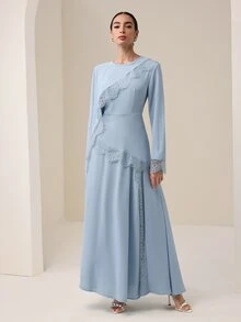 Graceveil Light Blue Satin Lace Patchwork Muslim Long Dress Hijab Set, Elegant Modest Middle Eastern Prayer Robe Wedding Formal Mother Of The Bride Autumn - Blue - View 8