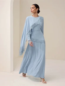 Graceveil Light Blue Satin Lace Patchwork Muslim Long Dress Hijab Set, Elegant Modest Middle Eastern Prayer Robe Wedding Formal Mother Of The Bride Autumn - Blue - View 5