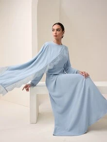 Graceveil Light Blue Satin Lace Patchwork Muslim Long Dress Hijab Set, Elegant Modest Middle Eastern Prayer Robe Wedding Formal Mother Of The Bride Autumn - Blue - View 7