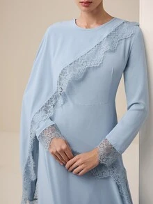Graceveil Light Blue Satin Lace Patchwork Muslim Long Dress Hijab Set, Elegant Modest Middle Eastern Prayer Robe Wedding Formal Mother Of The Bride Autumn - Blue - View 4