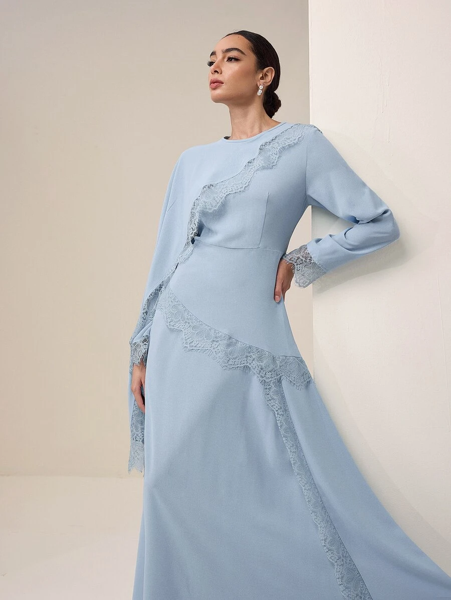 Graceveil Light Blue Satin Lace Patchwork Muslim Long Dress Hijab Set, Elegant Modest Middle Eastern Prayer Robe Wedding Formal Mother Of The Bride Autumn
