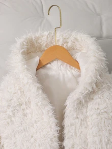 SHEIN 少女長袖短版連帽抓絨外套，秋冬新款甜美寬鬆短版上衣，柔軟長毛人造毛開襟外套 - 白色 - 查看 6