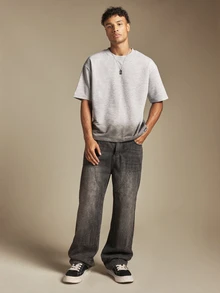 SUMWON Boxy Fit Crew Neck Short Sleeve T-Shirt With Washed Effect Drop Shoulder Casual Summer Essential Top - Grey - View 3