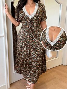 GalTyme Plus Size Summer Casual Lace Patchwork Ditsy Floral Dress - Multicolor - View 6