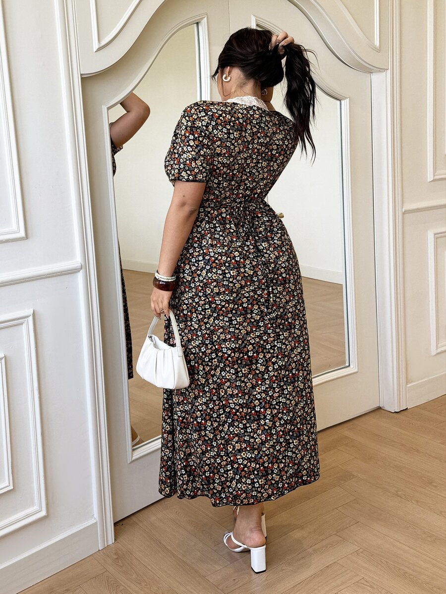 GalTyme Plus Size Summer Casual Boho Corset Lace Patchwork Ditsy Floral Dress Brunch Vacation Black - Multicolor - View 1